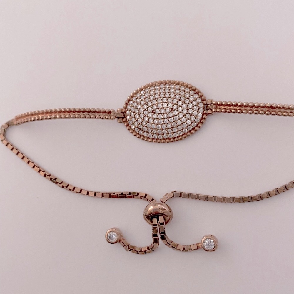 925 Silver clear cz stones tennis banglet bolo lock 14K rose gold plated